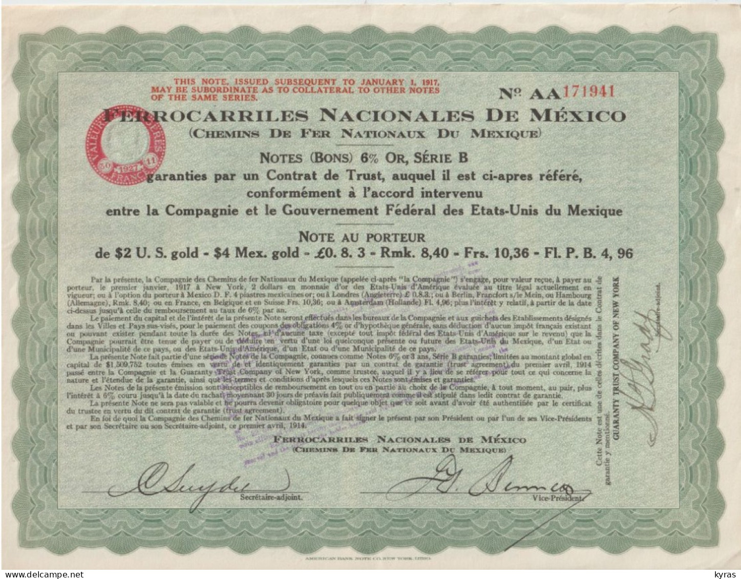 FERROCARRILES NACIONALES DE MEXICO (Chemins De Fer Nationaux Du Mexique) Notes (Bons) 6% Or. Série B. (1927) - Chemin De Fer & Tramway