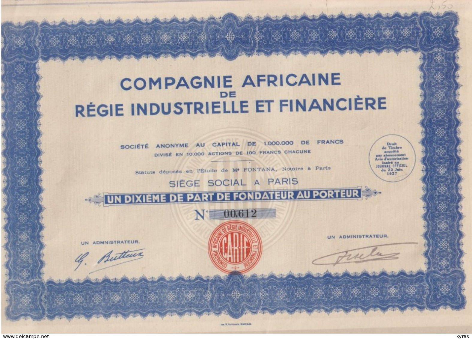 Cie AFRICAINE DE REGIE INDUSTRIELLE ET FINANCIERE 1/10° De Part De Fondateur Au Porteur (Paris 1927) - Afrique