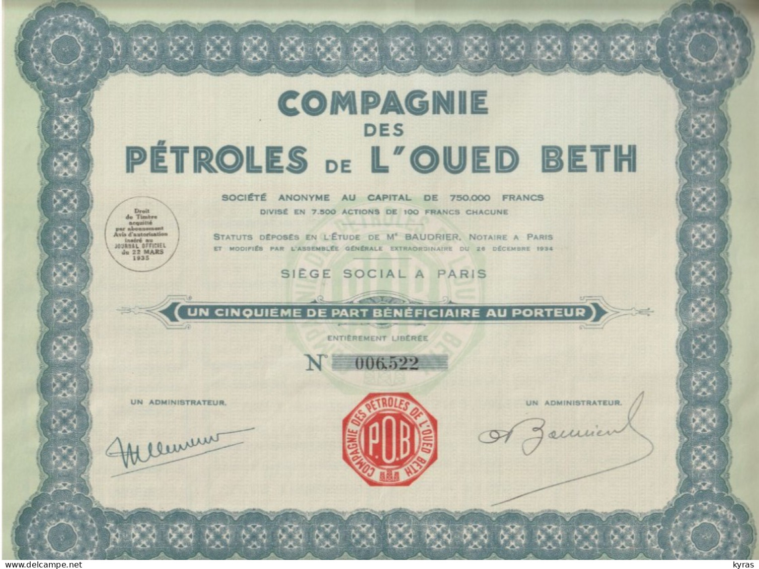 Cie Des PETROLES DE L'OUED BETH (MAROC)  1/5 ème De Part Bénéficiaire Au Porteur (Paris 1935) - Oil