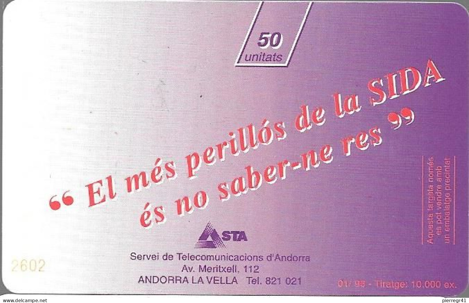 CARTE-PUCE-ANDORRE-AND 43-50U-SC7--01/96-SIDA-10000Exv°N°Rge 2602-UTILISE-TBE - Andorra