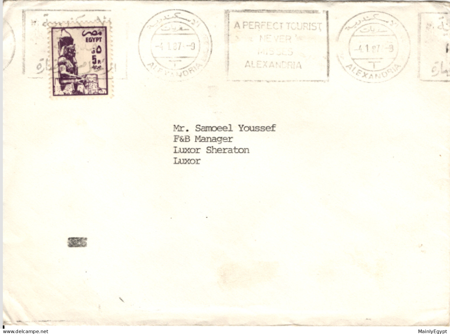 EGYPT, Cover 1987 - Slogan: A PERFECT TOURIST NEVER MISSES ALEXANDRIA - Stamp Mi 1501, Ramses II Luxor  (Q40) - Covers & Documents