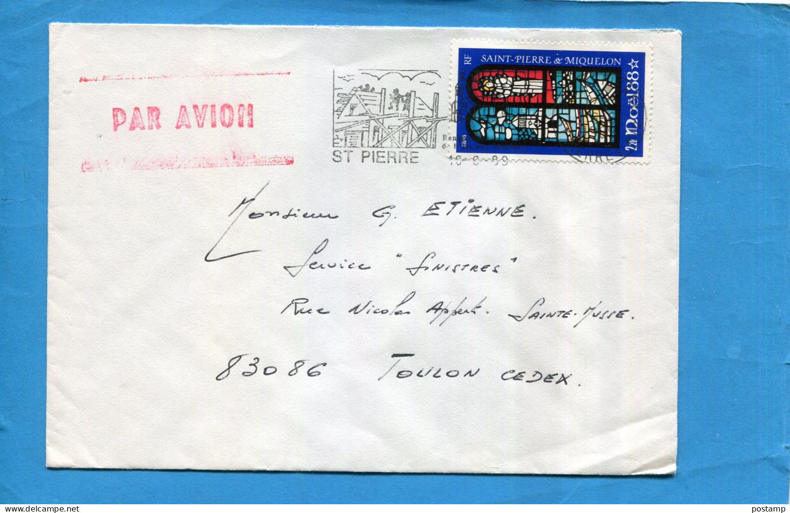 Marcophilie -Saint Pierre Et MIquelon Lettre-pourFrance Cad16-9-89 +flamme Renaissance -stamp N°476 Noel 88 - Lettres & Documents