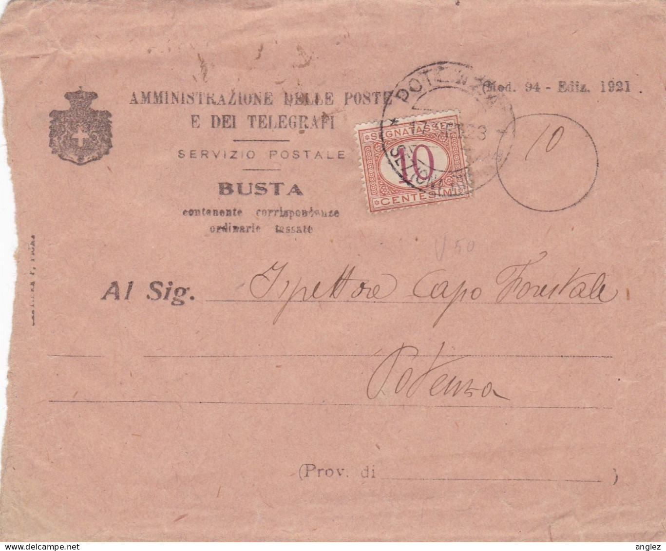 Italy - 1923 Postal Service Cover To Potenza - 10c Postage Due Stamp - Strafport