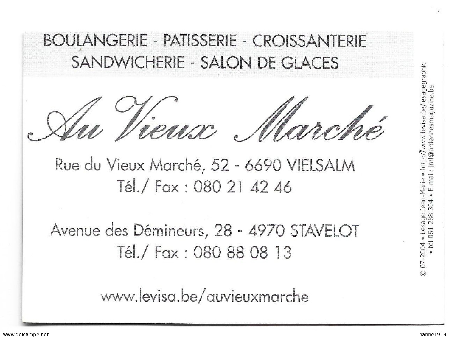 Vielsalm Boulangerie Patisserie Au Vieux Marché Stavelot Etiquette Visitekaartje Htje - Visiting Cards