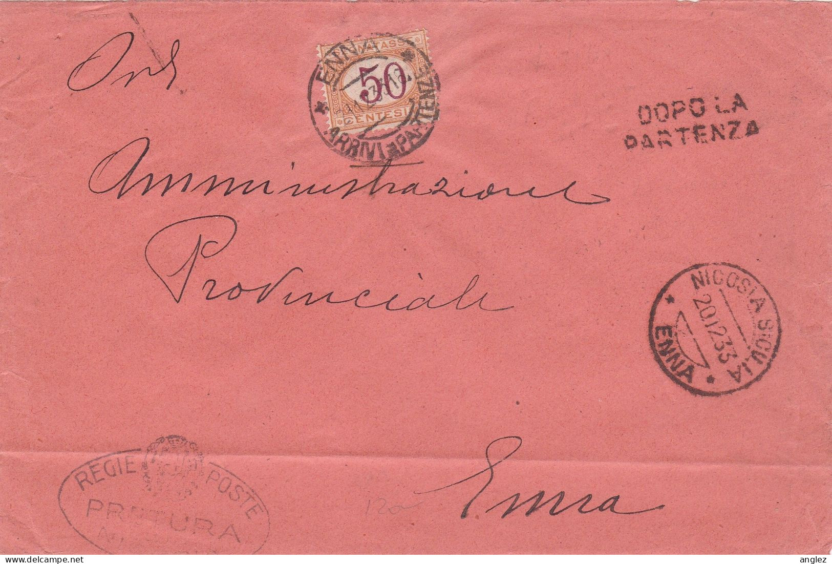 Italy - 1933 Cover Nicosia To Enna - 50c Postage Due Stamp - Taxe