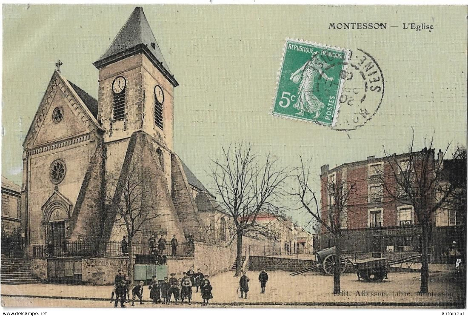 MONTESSON - L'Eglise (vue Animée, Groupe D'enfants) - Carte Colorisée, Papier Toilé - Montesson