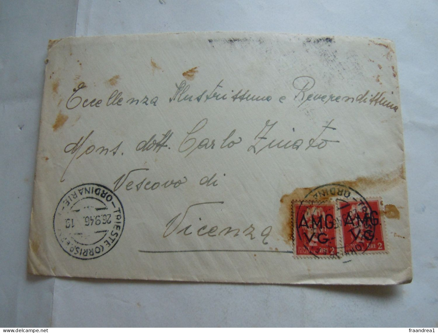 STORIA POSTALE -#- BUSTA DA TRIESTE X VESCOVO VICENZA NO TESTO 2 LIRE X2 AMG VG - Marcophilia