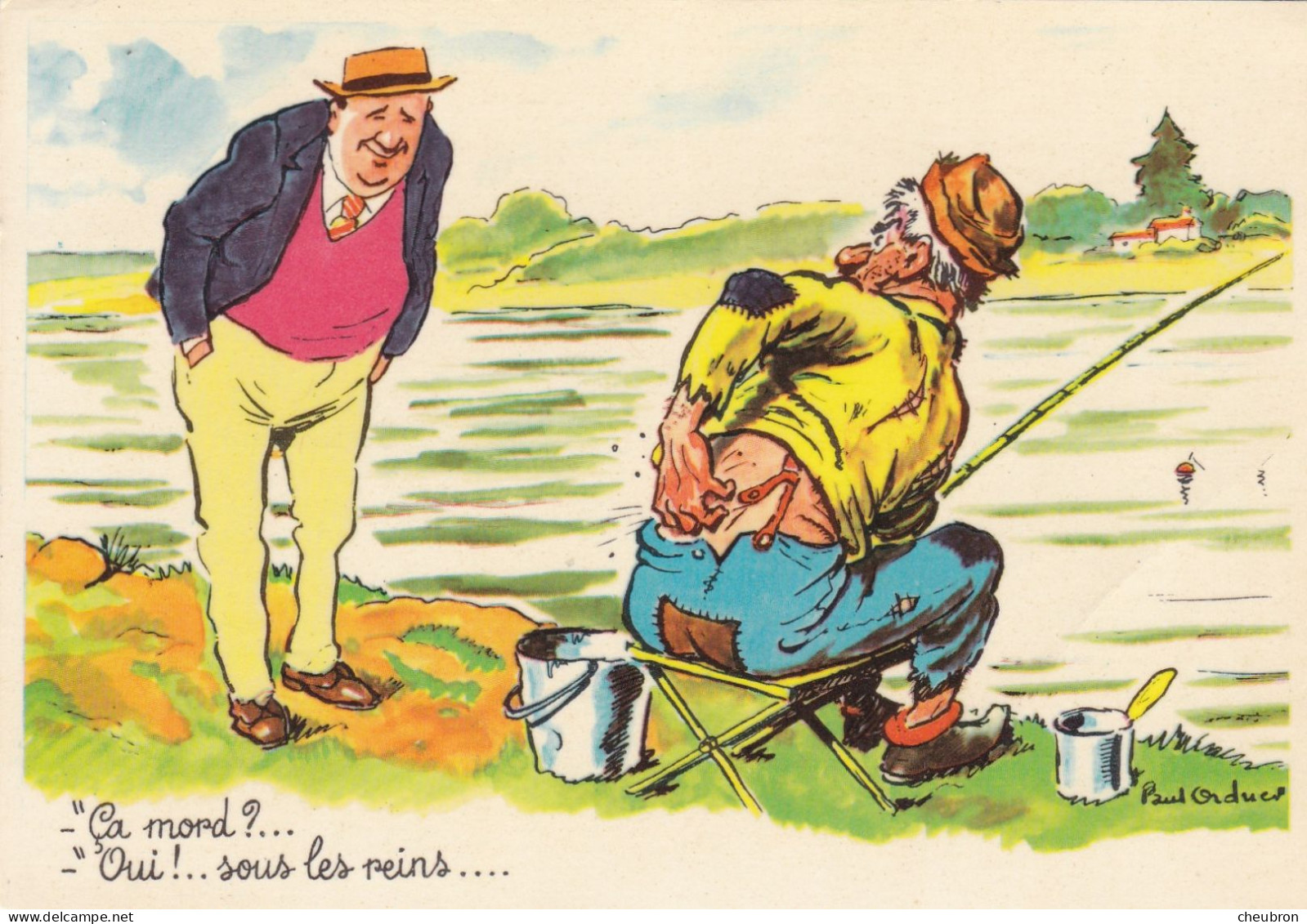 ILLUSTRATEURS. HUMOUR.  ILLUSTRATION SIGNÉE P. ORDNER .PECHEUR. " PECHE ET COUP DE SOLEIL ! ". ANNEE 1970 + TEXTE - Ordner, P.