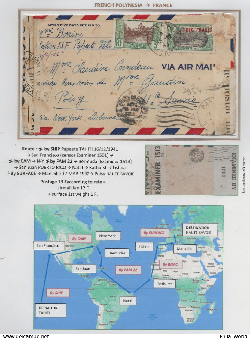 OCEANIE POLYNESIE FRANCAISE WW2 1941 TAHITI Air Mail Cover Par Avion > France Via New York Lisbonne CONTROLE CENSURE - Covers & Documents
