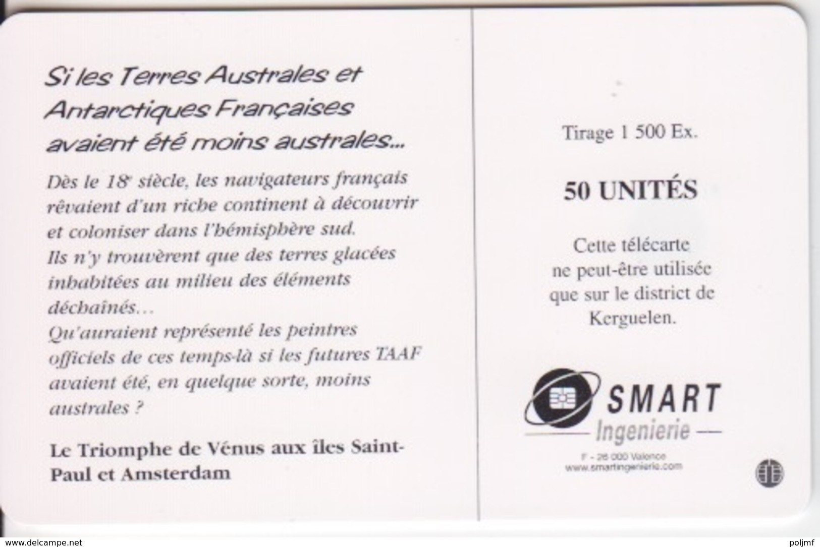 Télécarte 50U, Tirage 1500, Le Triomphe De Vénus - TAAF - Territorios Australes Franceses