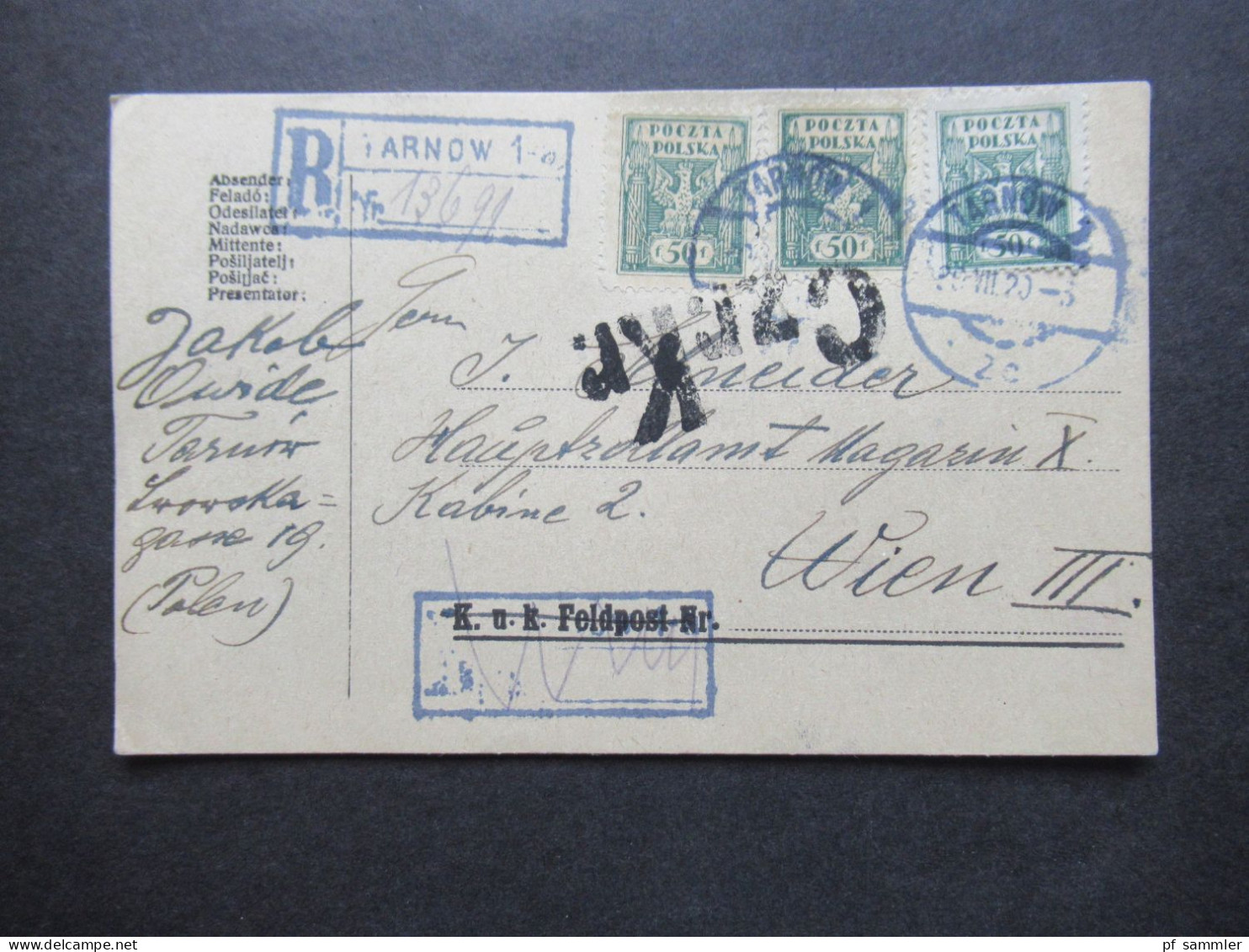 Österreich / Polen Ehem. Österr. Verwaltungsgebiet 1920 R-Zettel Als Stempel Tarnow 1 Und Zensurstempel Czr.Kr. KuK Feld - Interi Postali