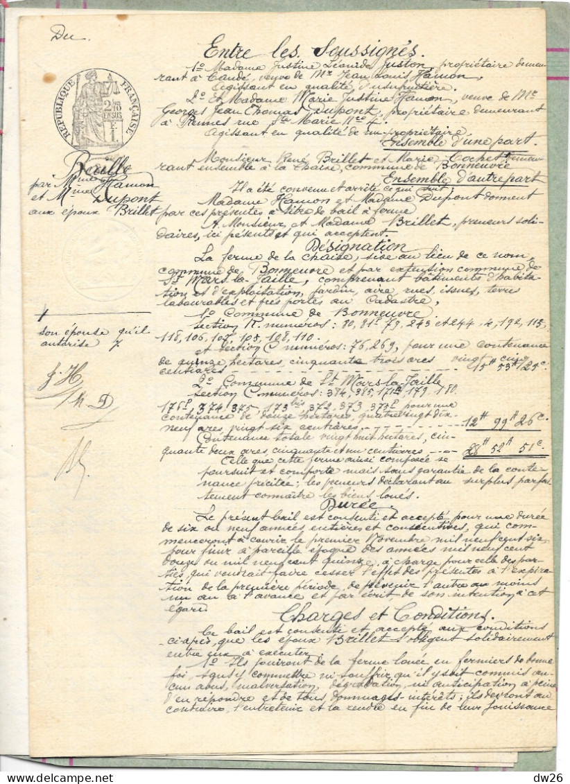 Ferme De La Chaise (St Mars La Jaille, Loire Atlantique) Bail Par Mme Vve Hamon Aux époux Brillet 1897 - Manuscritos