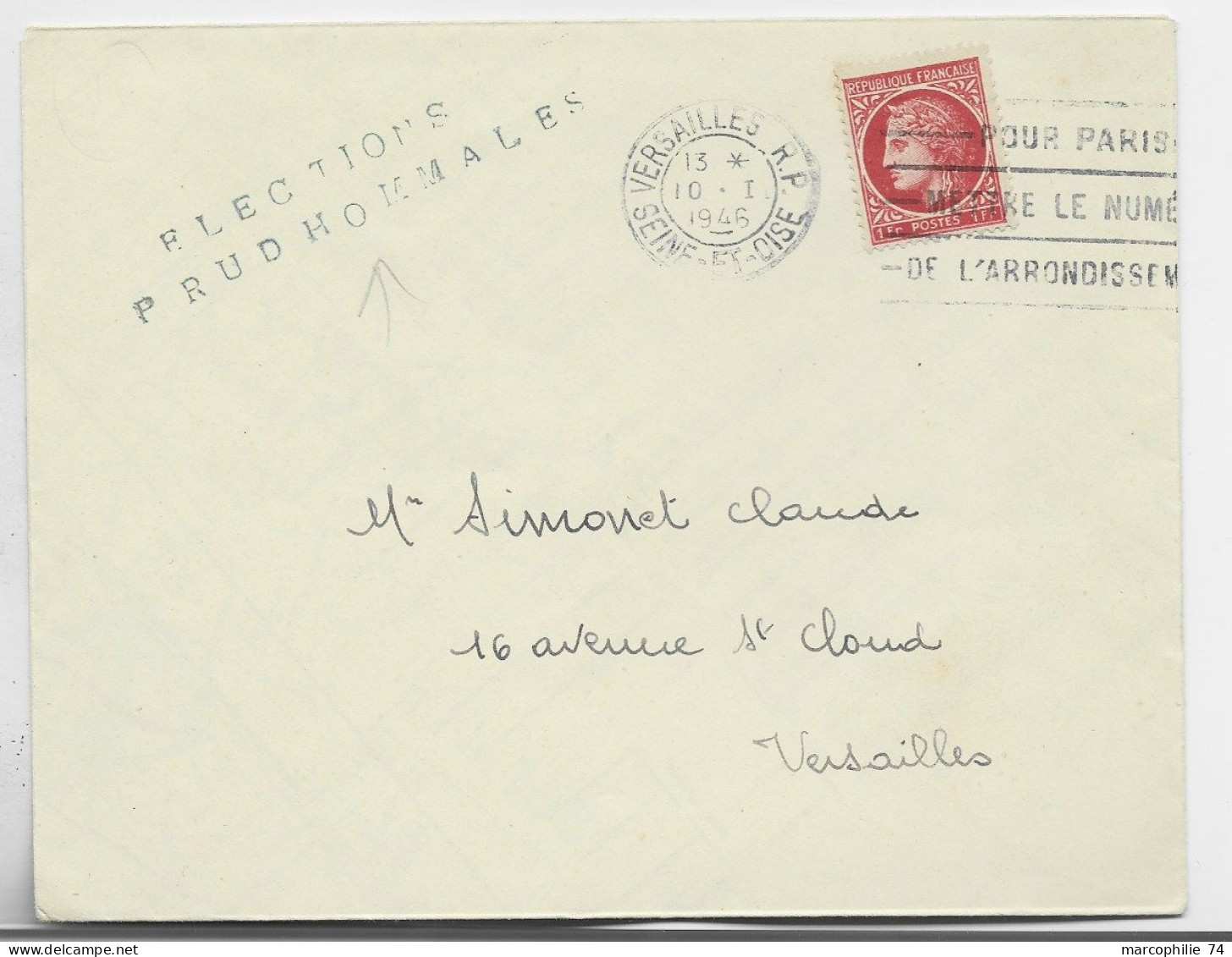 FRANCE MAZELIN 1FR SEUL LETTRE VERSAILLES 10.1.1946 + GRIFFE ELECTION PRUDHOMMALES - 1945-47 Ceres Of Mazelin