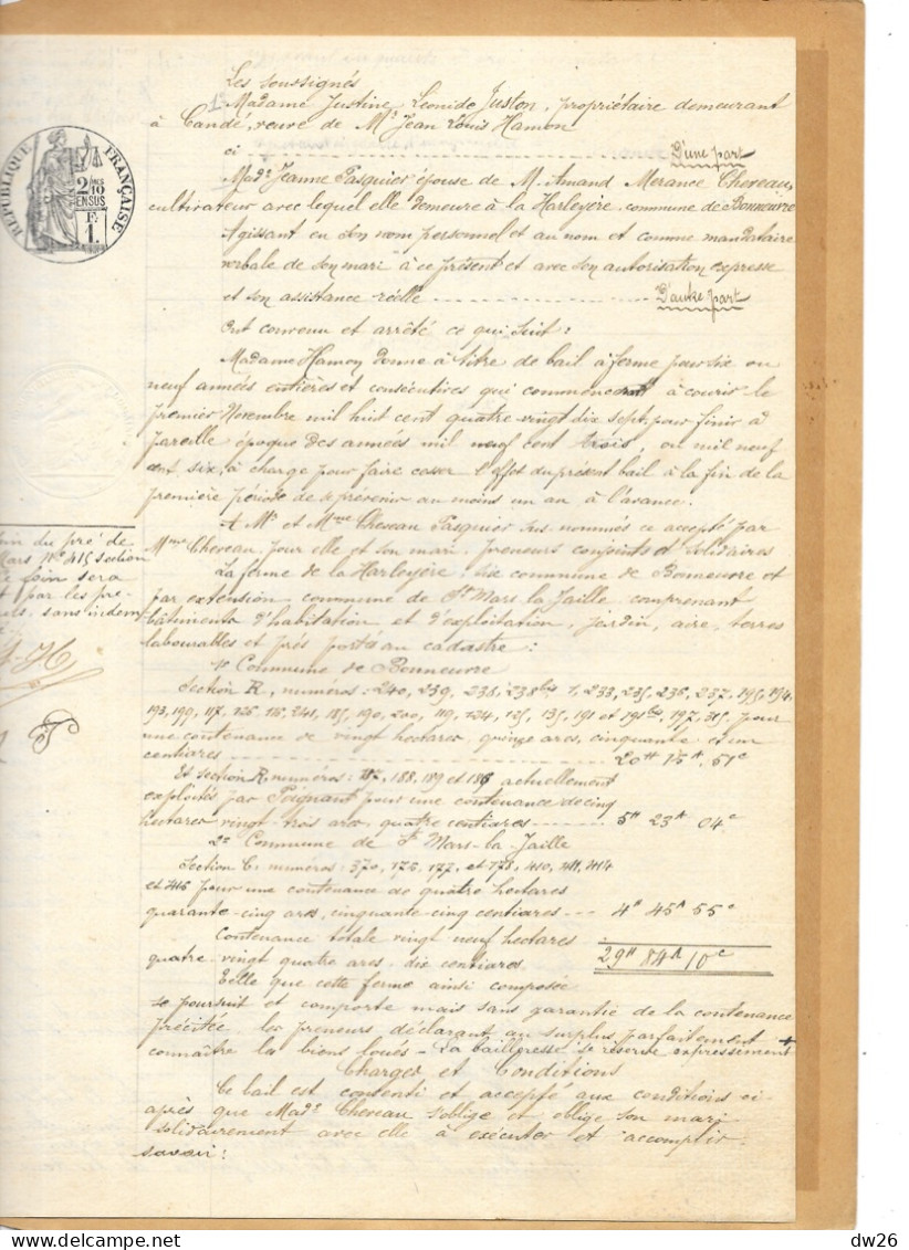 Ferme De La Chaise (Bonnoeuvre, Loire Atlantique) Bail Par Mme Vve Hamon Aux époux Cheveau 1897 - Manuscripts