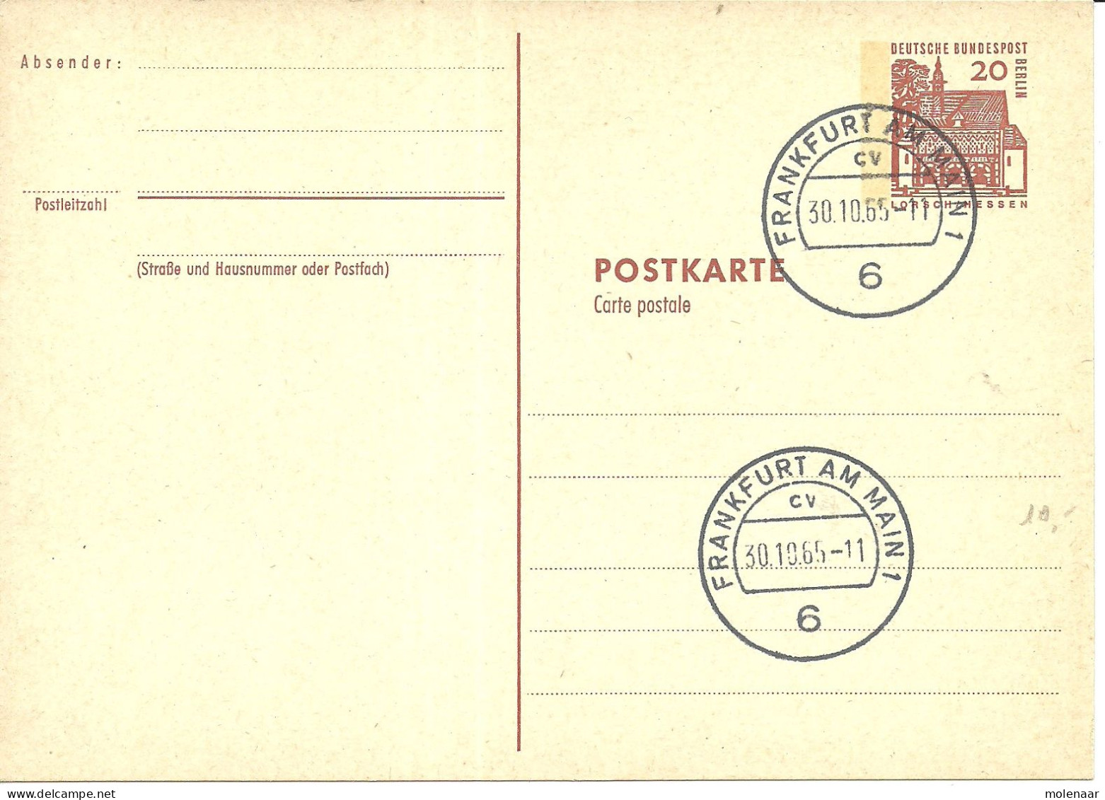 Duitsland - Berlijn - Postwaardestukken Briefkaart  20pfg Orangerot 30-10-65 (11064) - Postcards - Used