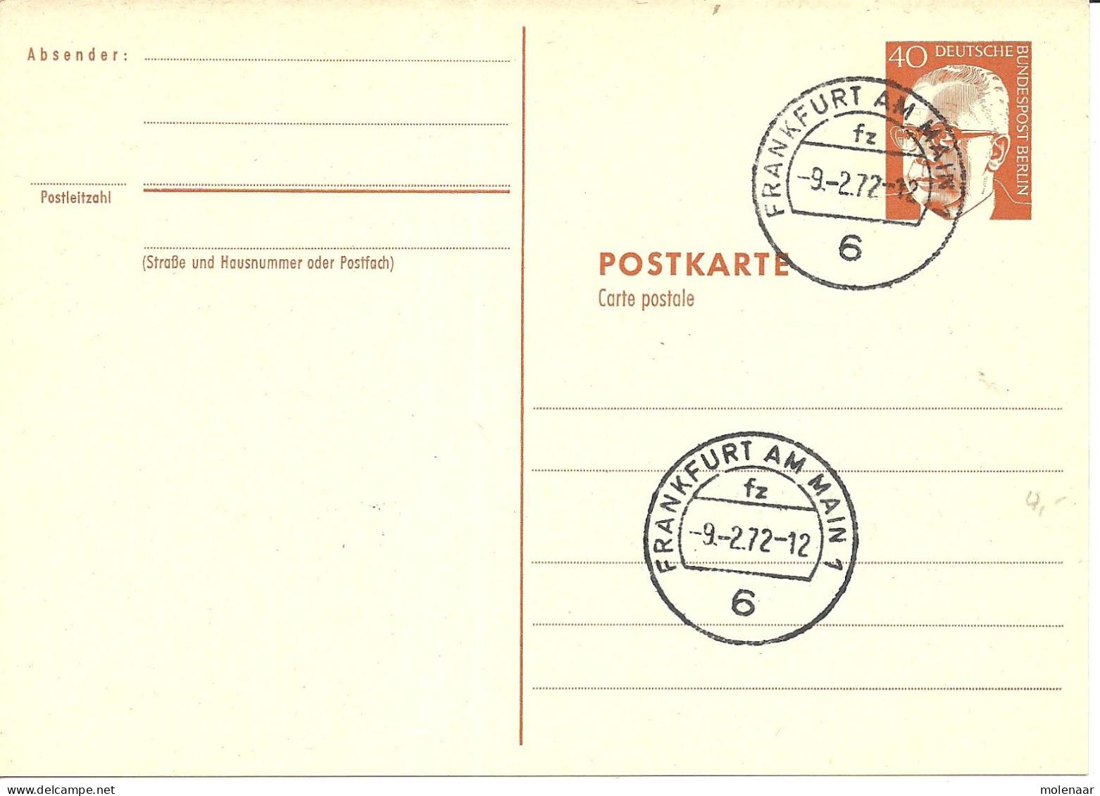 Duitsland - Berlijn - Postwaardestukken Briefkaart  Heinemann 40pfg Rotorange 9-2-72 (11067) - Postcards - Used