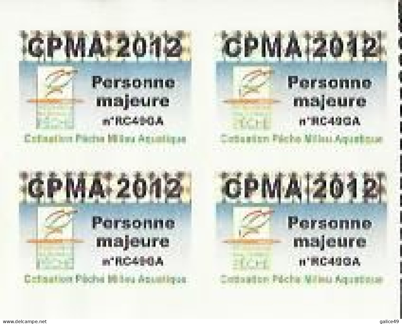Taxe Piscicole ( CPMA ) Personne MAJEURE 2012 - Bloc De 4 Timbres Vierges - Pêche