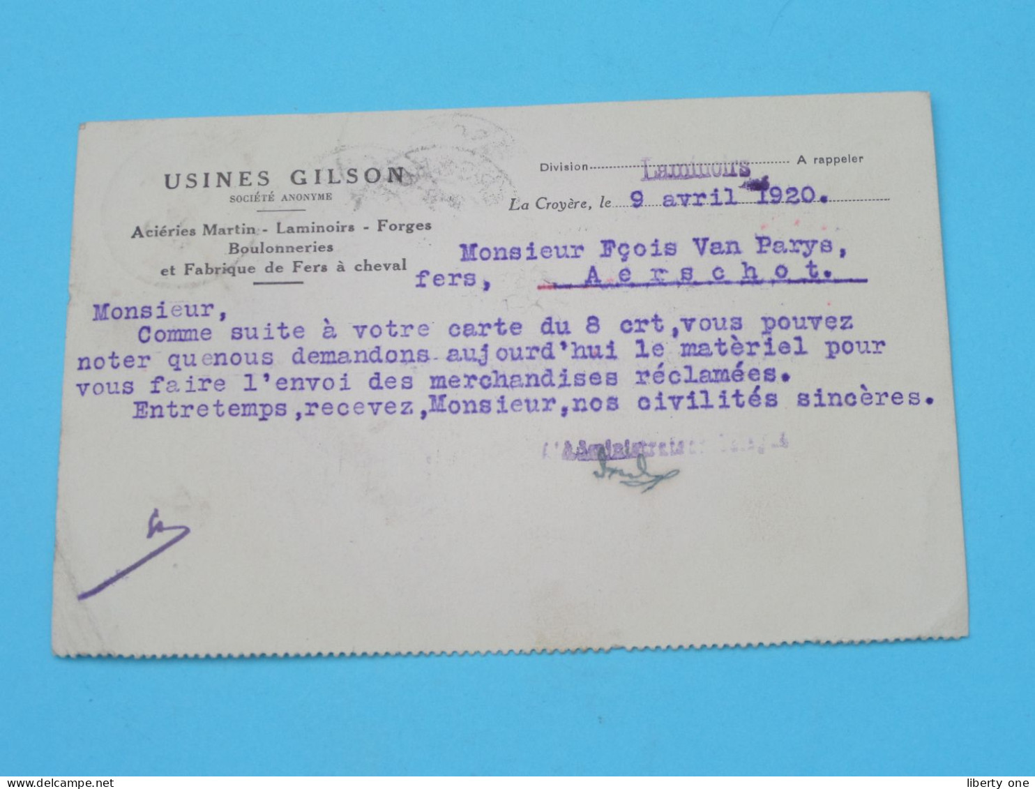 Usines GILSON La Croyère / Laminoirs ( See / Voir SCANS ) Carte Lettre - Anno 1920 > Aerschot ! - La Louvière