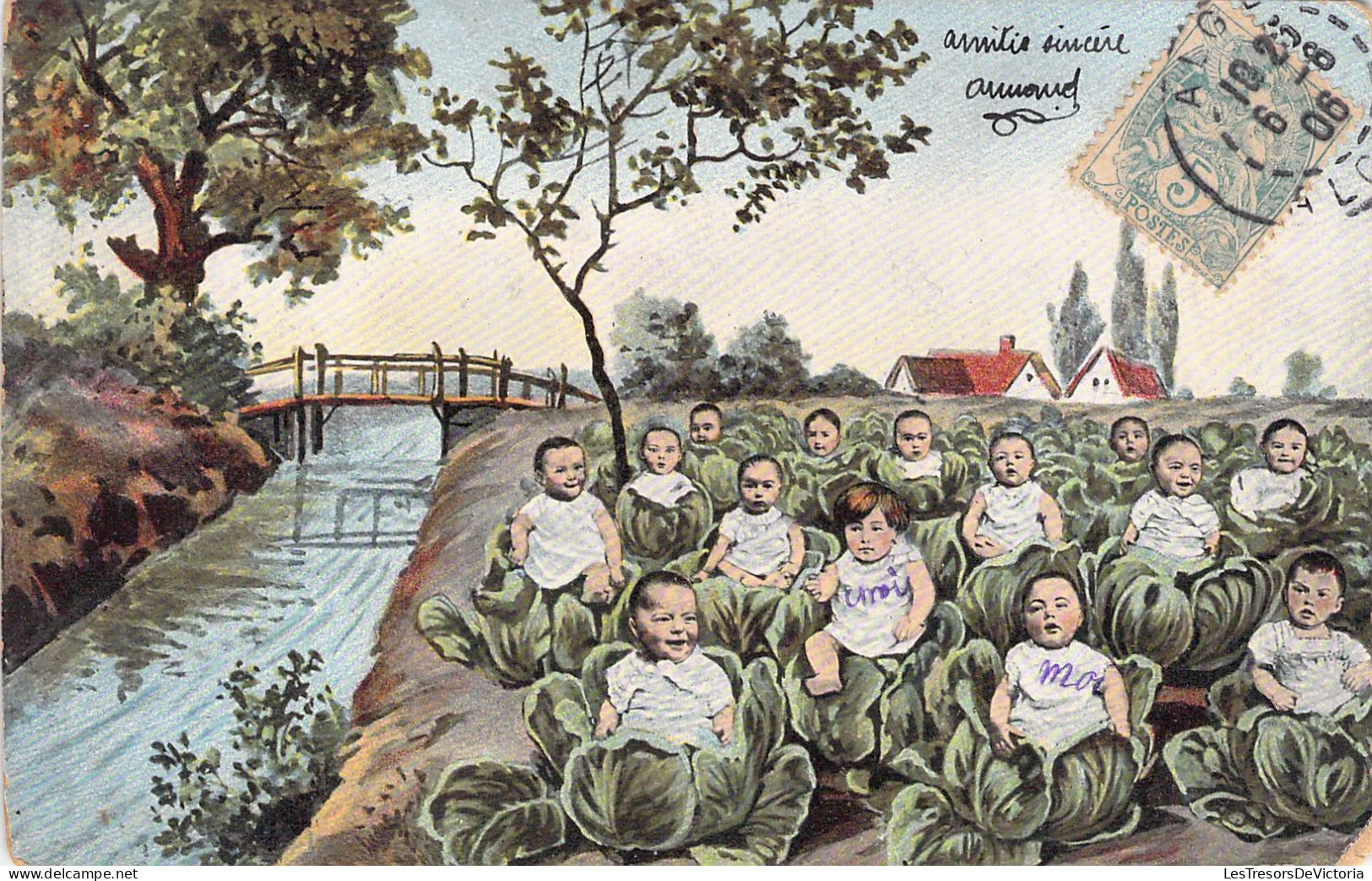 FANTAISIE - Les Bébés Dans Le Champs De Choux Près D'une Rivière - Carte Postale Ancienne - Bébés