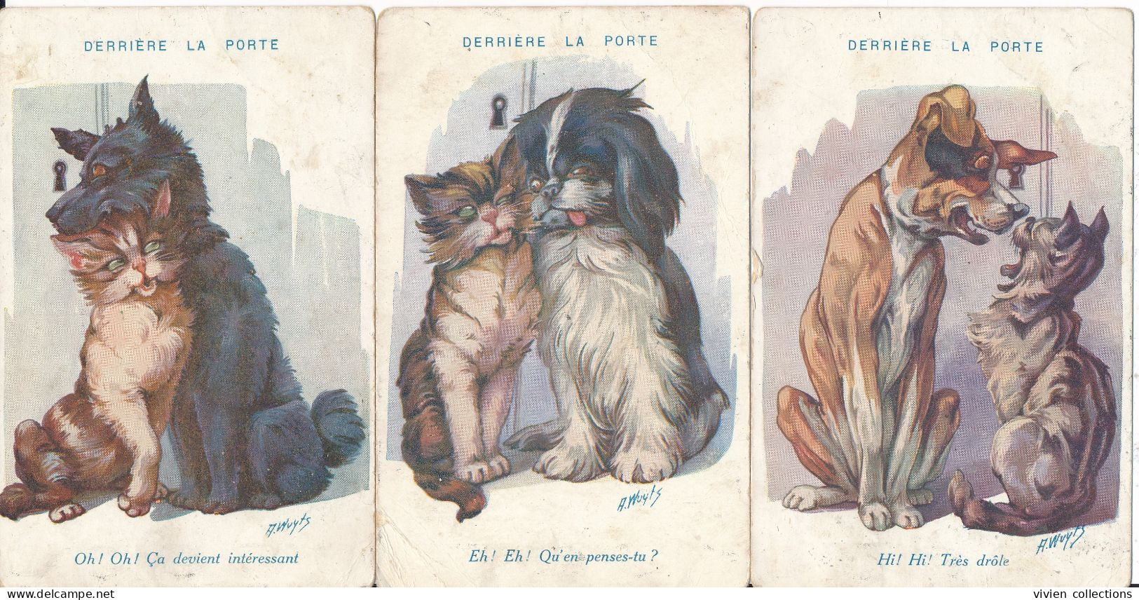 3 Cartes Illustrateur Signées Wuyts Chien Chat Derrière La Porte Oh Oh Eh Eh Hi Hi Publicité Aux Dos Chaussures Welcome - Wuyts