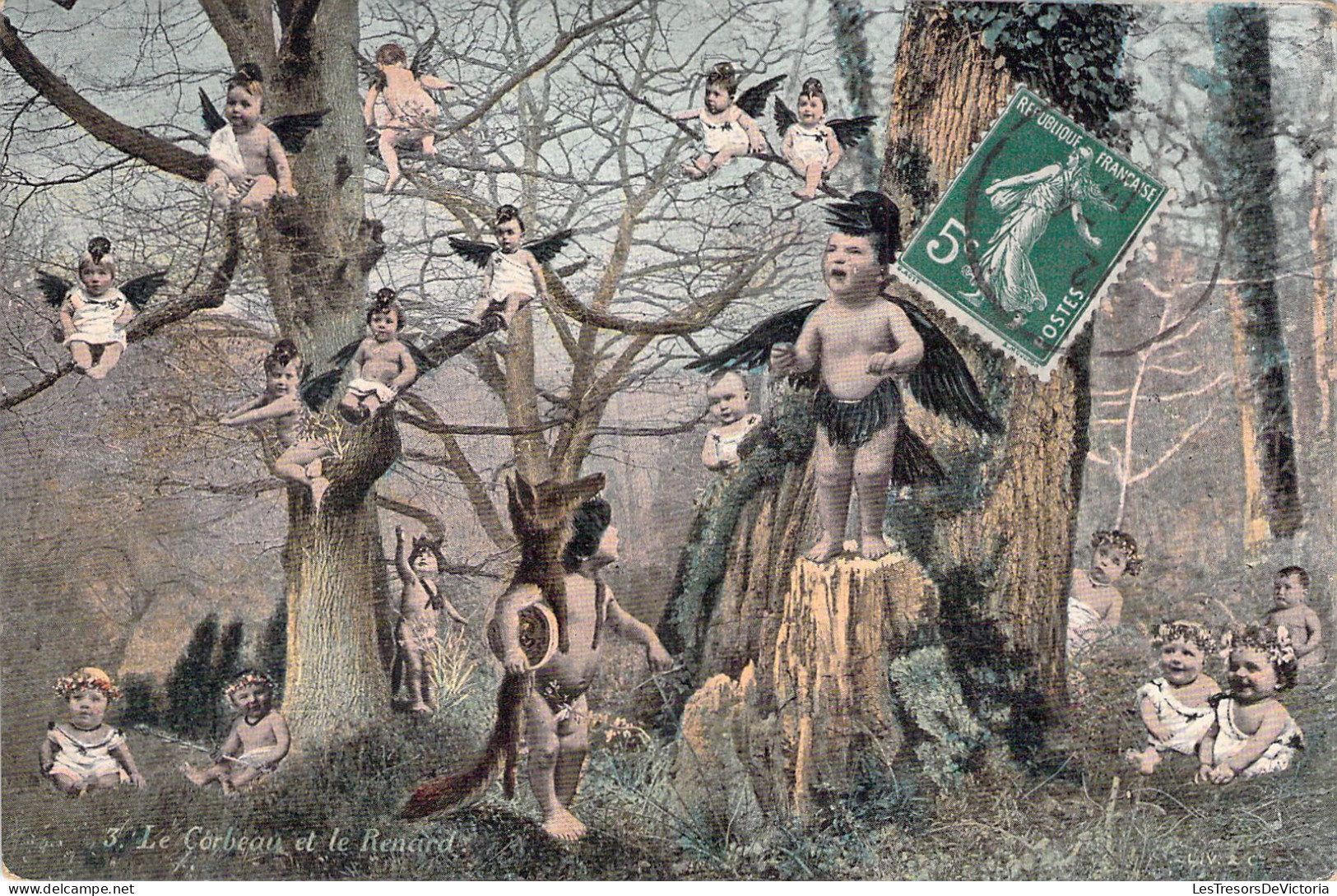 FANTAISIE - Les Bébés - Le Corbeau Et Le Renard - Carte Postale Ancienne - Bébés