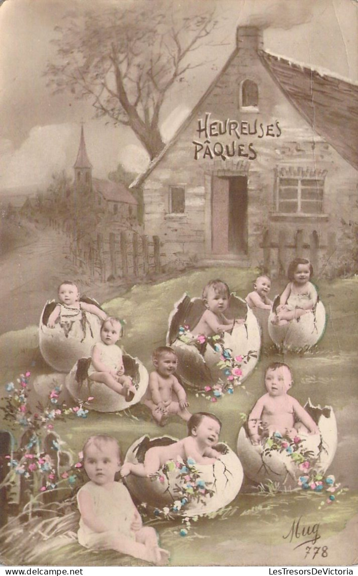 FANTAISIE - Les Bébés Dans Les Oeufs Pour Heureuses Pâques - Carte Postale Ancienne - Bébés