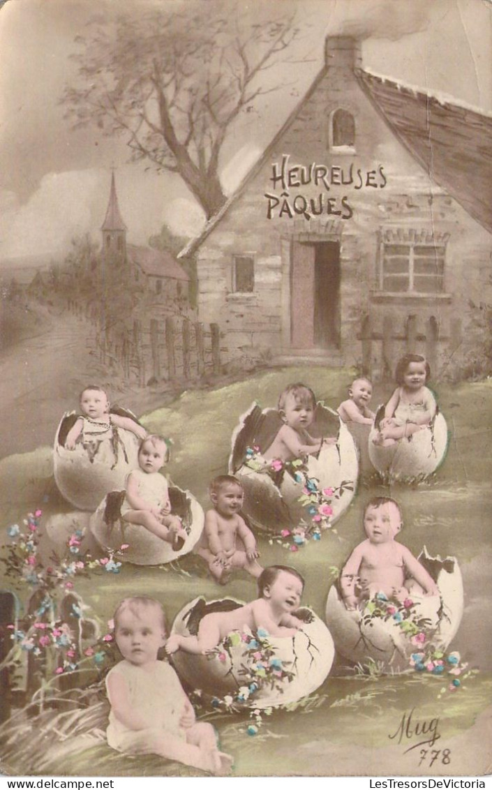 FANTAISIE - Les Bébés Dans Les Oeufs Pour Heureuses Pâques - Carte Postale Ancienne - Neonati