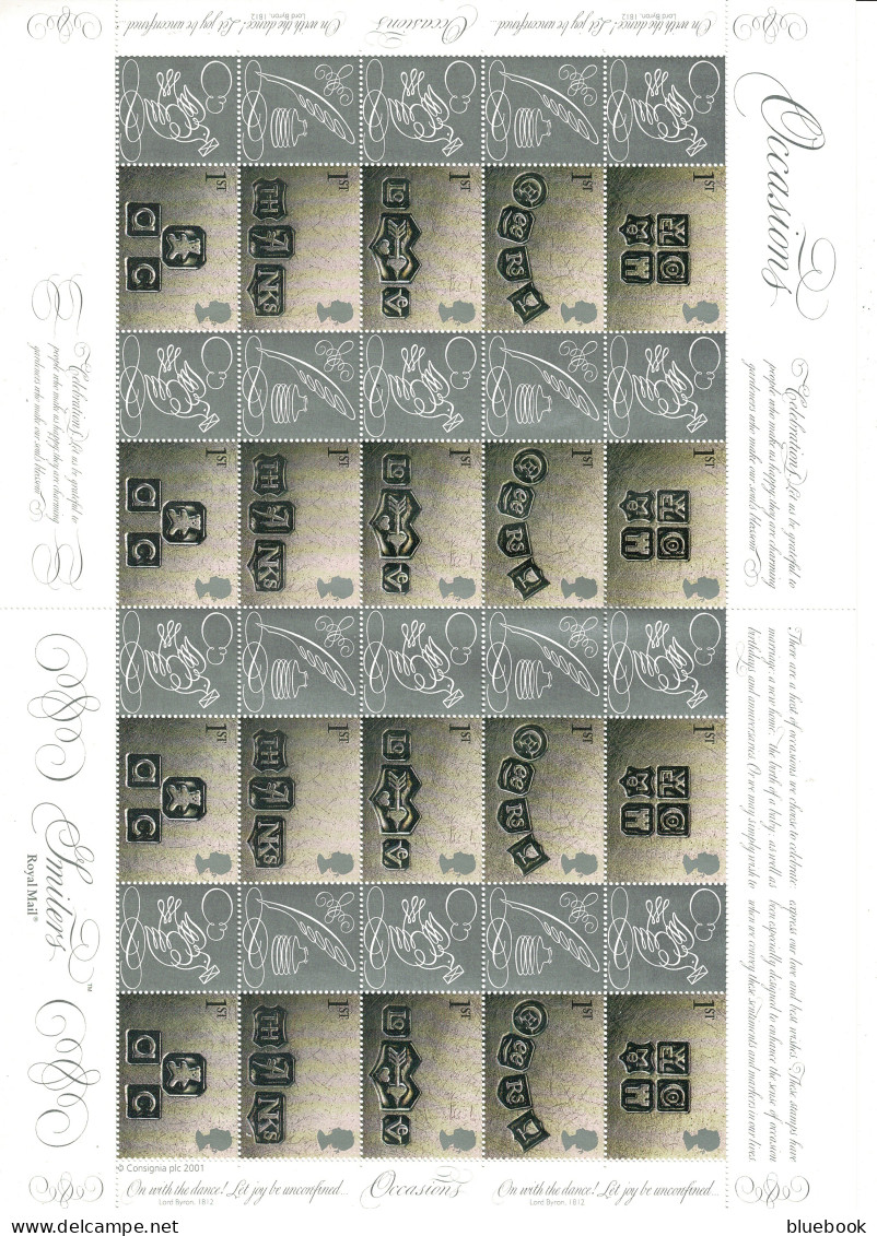 Ref 1619 -  GB 2001 Occasions (Consignia Print) - Smiler Sheet MNH Stamps SG LS4 - Timbres Personnalisés