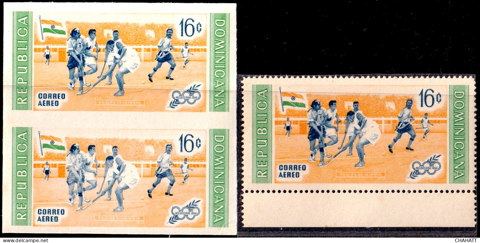 FIELD HOCKEY--OLYMPICS-1956-IMPERF PAIR WITH A NORMAL STAMP-COLOR VARIETY- DOMINICANA-MNH- SCARCE- A5-745 - Jockey (sobre Hierba)