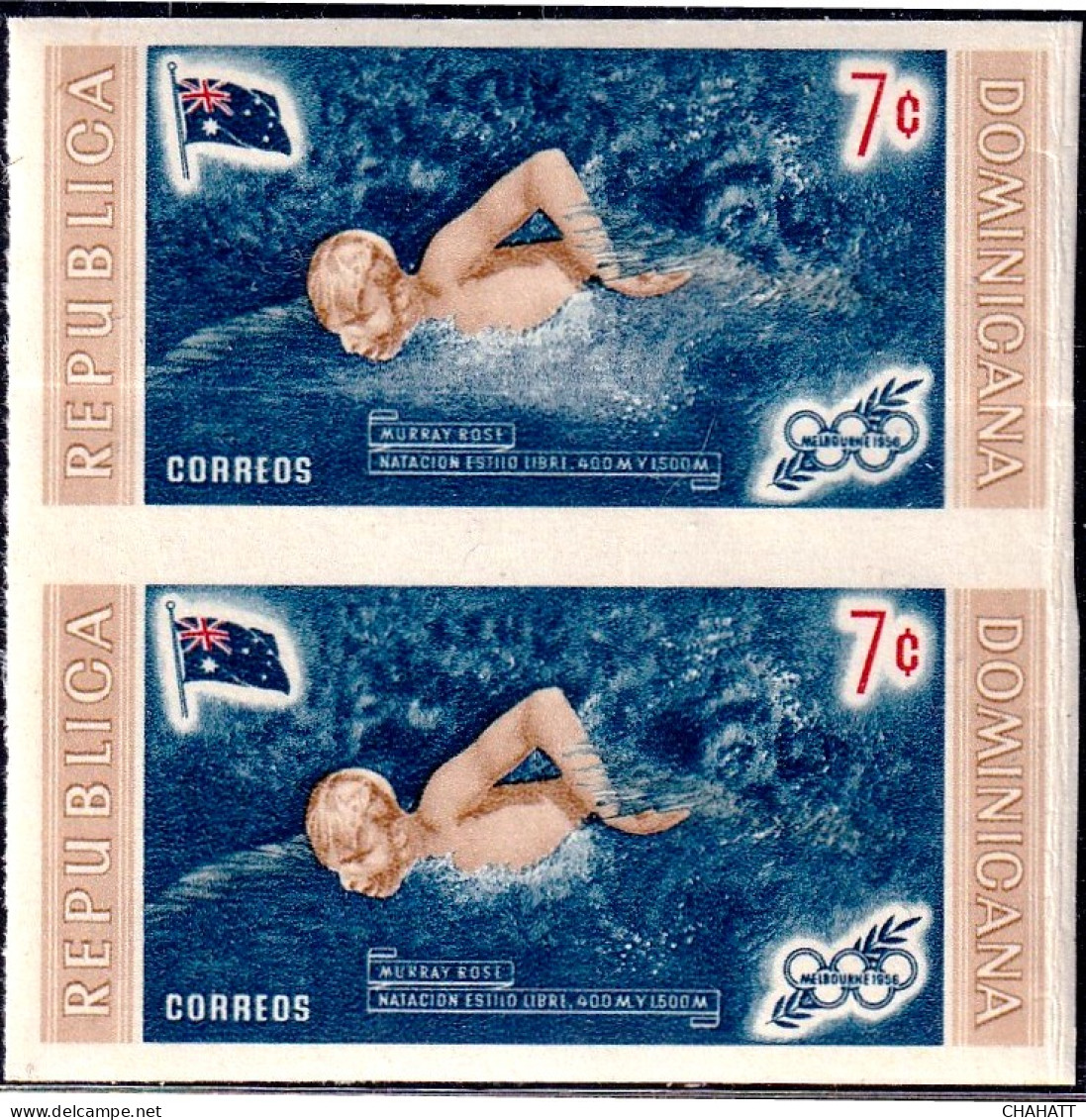 OLYMPICS-1956, MELBOURNE- SWIMMING- IMPERF PAIR-COLOR VARIETY- DOMINICANA-MNH- SCARCE- A5-745 - Zomer 1956: Melbourne