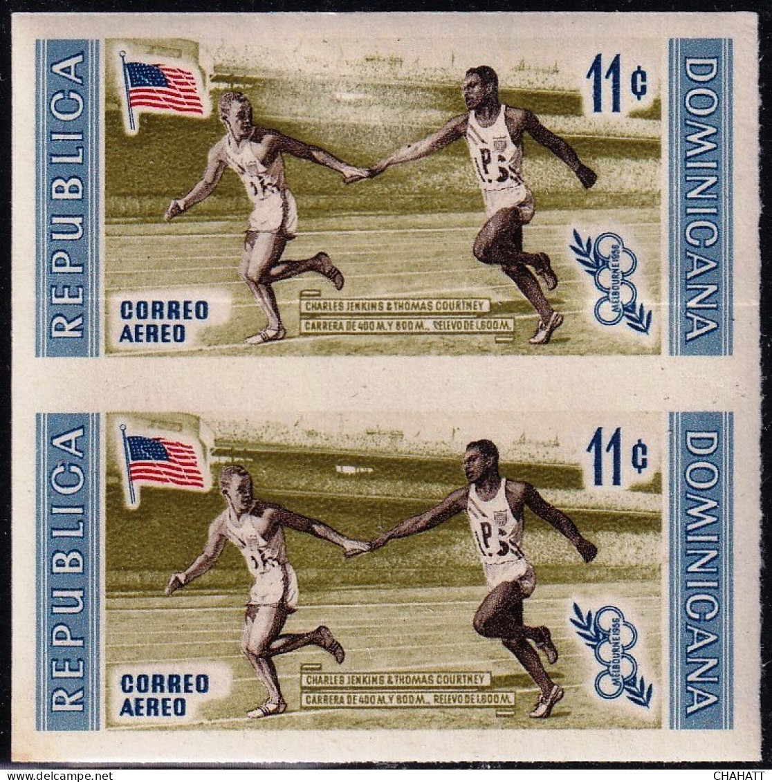 OLYMPICS-1956, MELBOURNE- RELAY RACE (ATHLETICS) IMPERF PAIR-COLOR VARIETY- DOMINICANA-MNH- SCARCE- A5-745 - Ete 1956: Melbourne