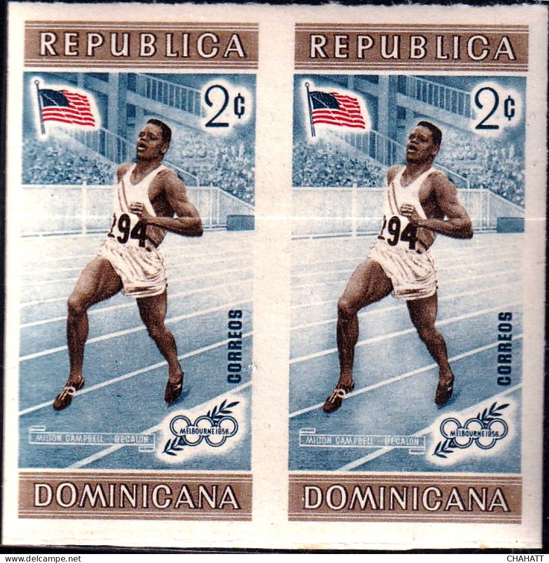 OLYMPICS-1956, MELBOURNE- DECALON (ATHLETICS) IMPERF PAIR-COLOR VARIETY- DOMINICANA-MNH- SCARCE- A5-745 - Estate 1956: Melbourne