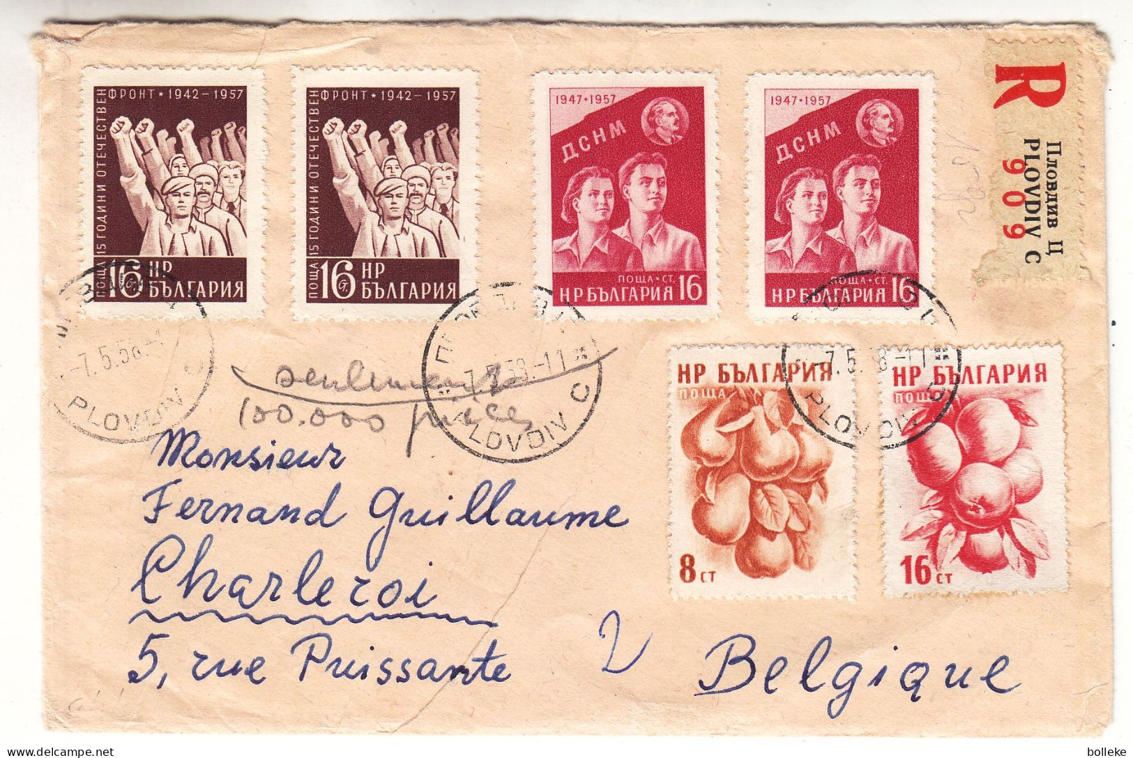 Bulgarie - Lettre Recom De 1958 - Oblit Plodiv - Expédié Vers Charleroi - Fruits - - Covers & Documents