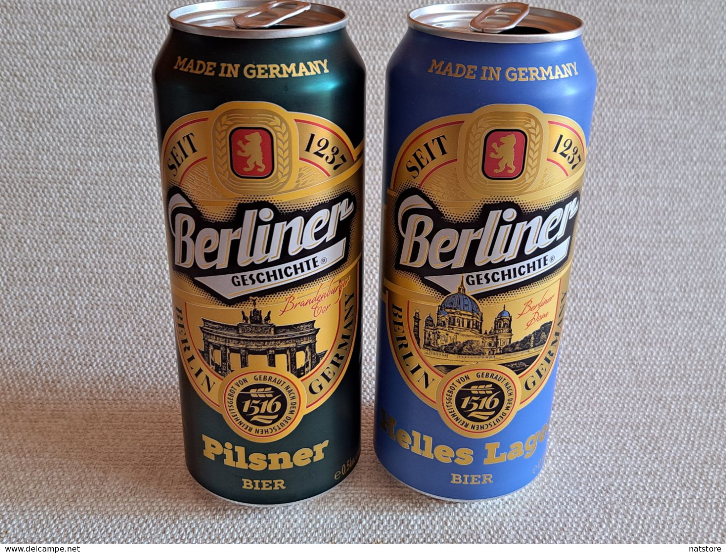 GERMANY .  LOT OF 2 BEER CANS ..''BERLINER GESHICHTE'' CAN..500ml.BERLINER DOM..BRANDENBURGER TOR - Lattine