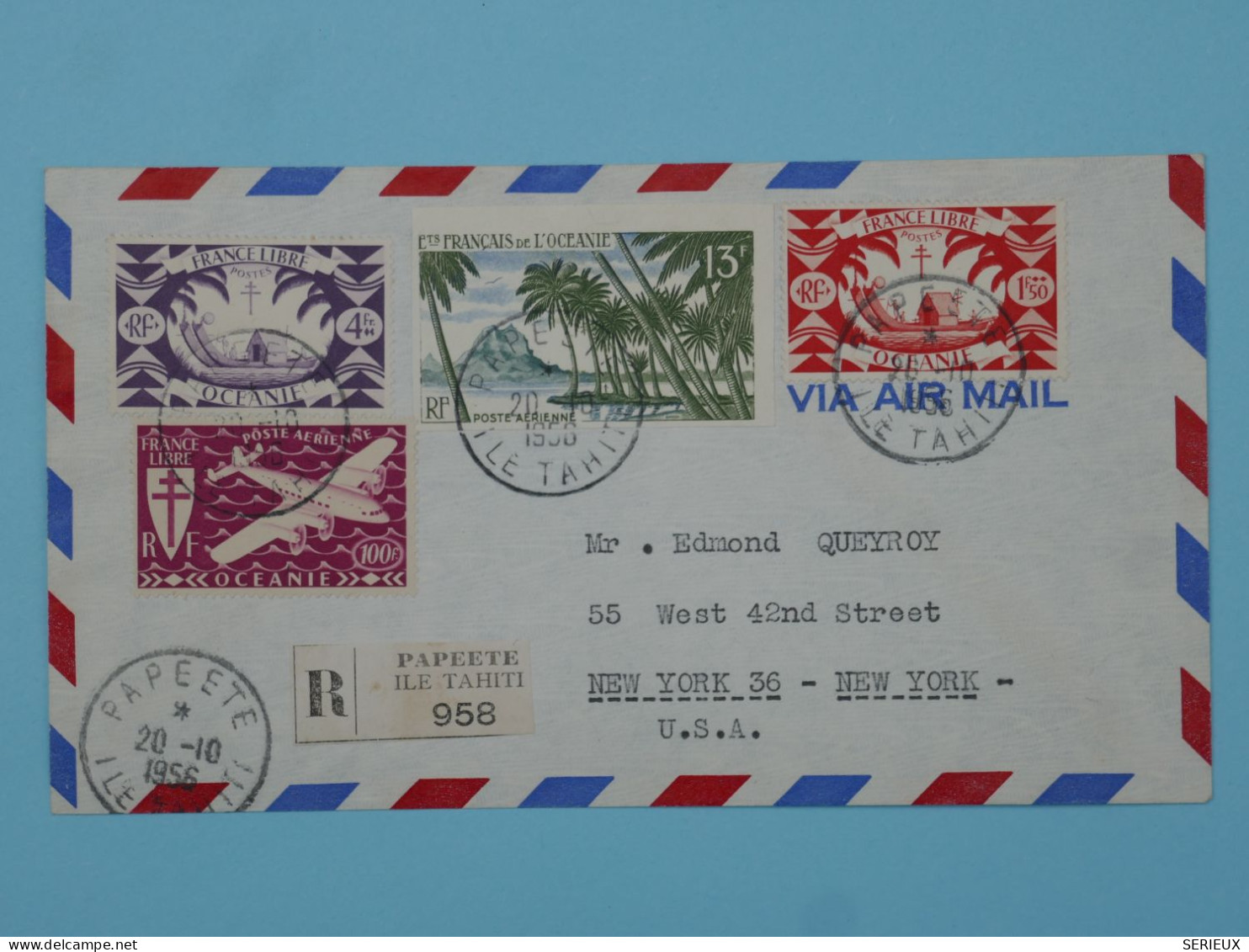 BT15  ET. OCEANIE BELLE LETTRE RECOM. 1956  PAPEETE A NEW YORK USA  +AFF. PLAISANT +++ - Covers & Documents