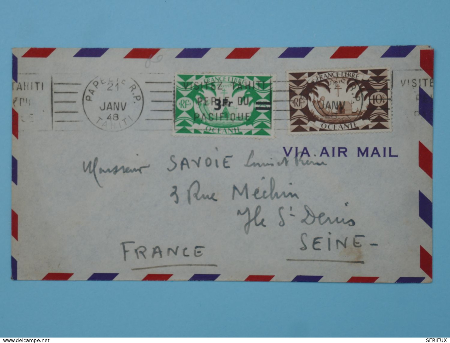 BT15  ET. OCEANIE BELLE LETTRE 1948  PAPEETE A ST DENIS FRANCE +SURCHARGE   +AFF. PLAISANT +++ - Brieven En Documenten