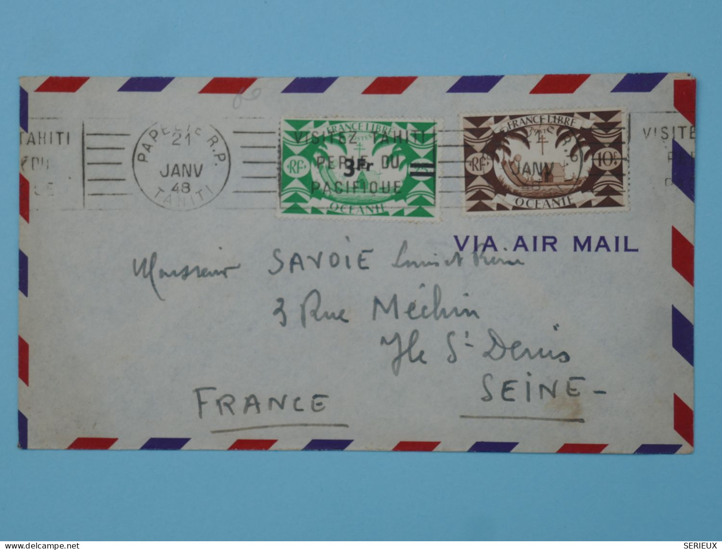 BT15  ET. OCEANIE BELLE LETTRE 1948  PAPEETE A ST DENIS FRANCE +SURCHARGE   +AFF. PLAISANT +++ - Covers & Documents