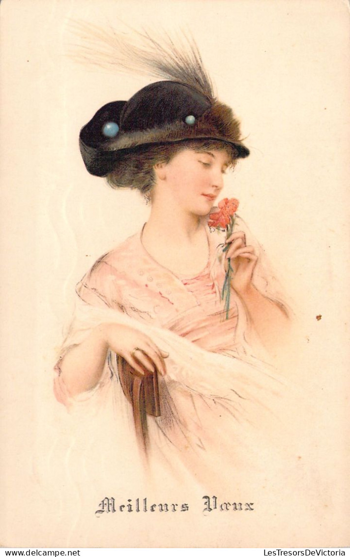 Illustration Non Signée  - Femme - Mode - Chapeau à Plume - Fleur - Carte Postale Ancienne - Ohne Zuordnung