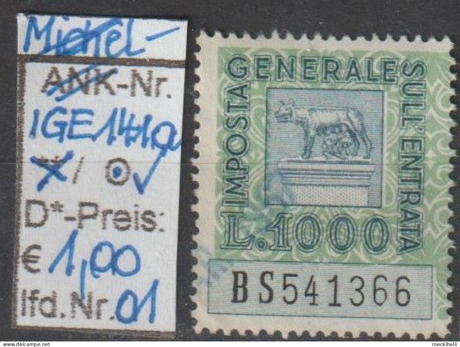 1961 - ITALIEN - Steuermarken "Imposta Gen. Sull Entrata" 1000 L Mehrf. - O Gestempelt - S.Scan (it IGE 141ao 01-02) - Revenue Stamps