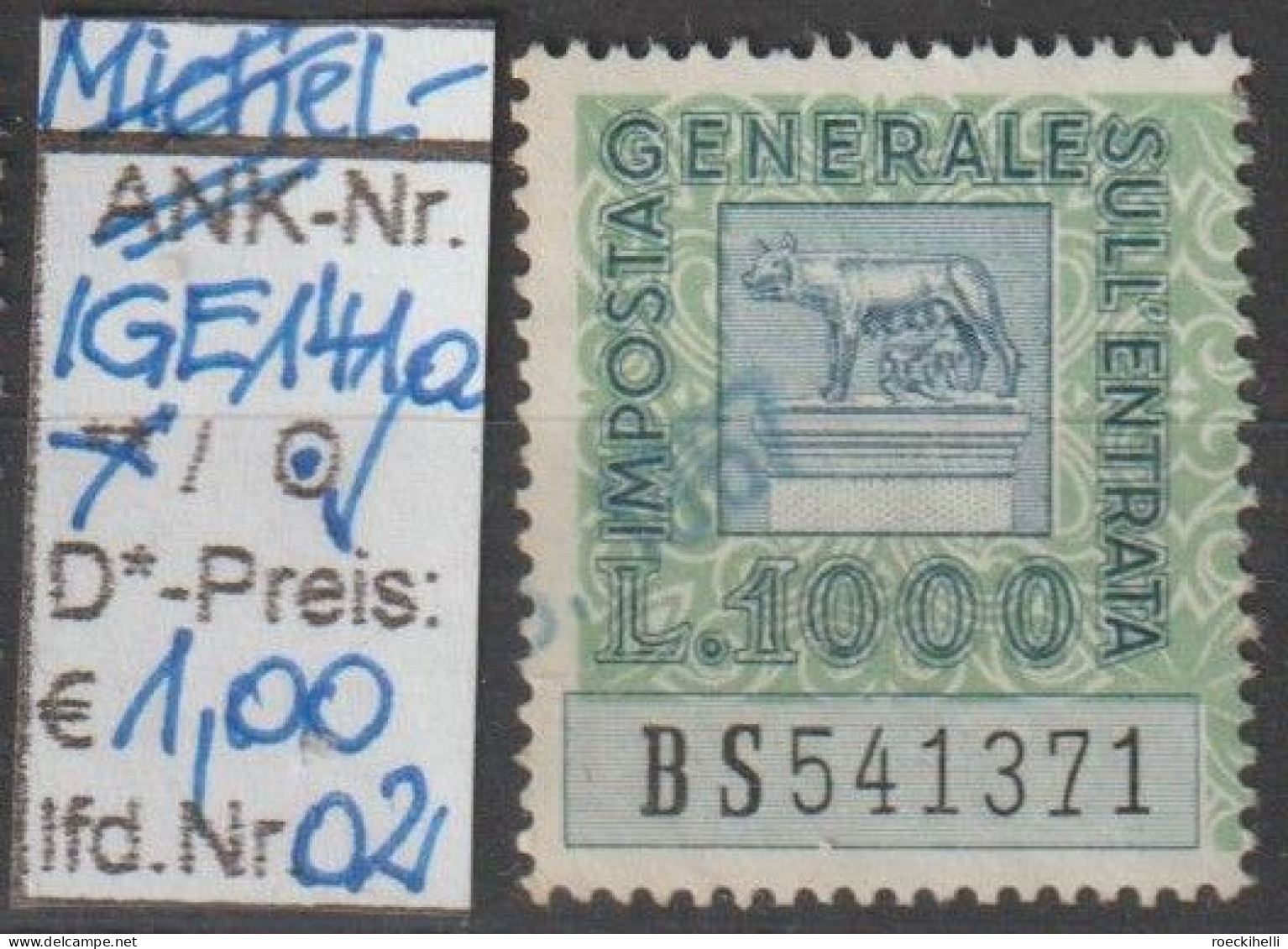 1961 - ITALIEN - Steuermarken "Imposta Gen. Sull Entrata" 1000 L Mehrf. - O Gestempelt - S.Scan (it IGE 141ao 01-02) - Fiscali