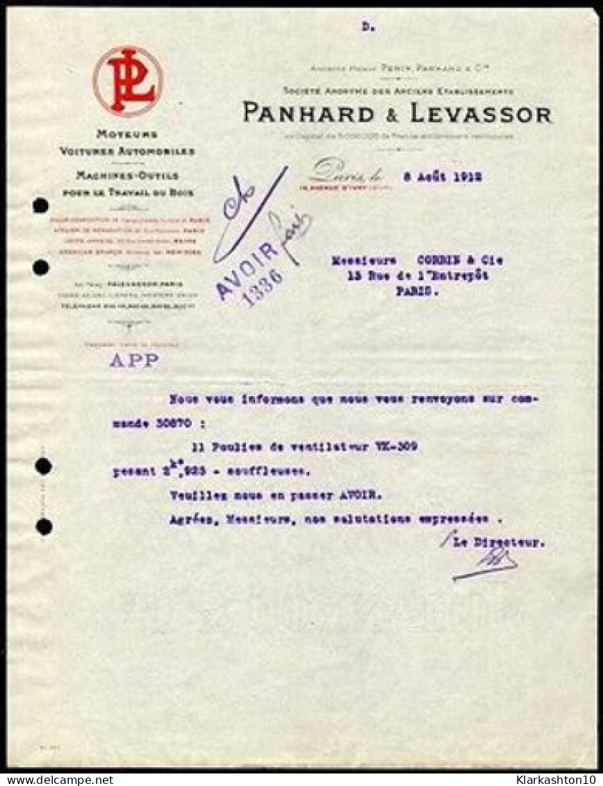 Facture PANHARD Et LEVASSOR Moteurs Voitures Automobiles Machines Outils - Unclassified