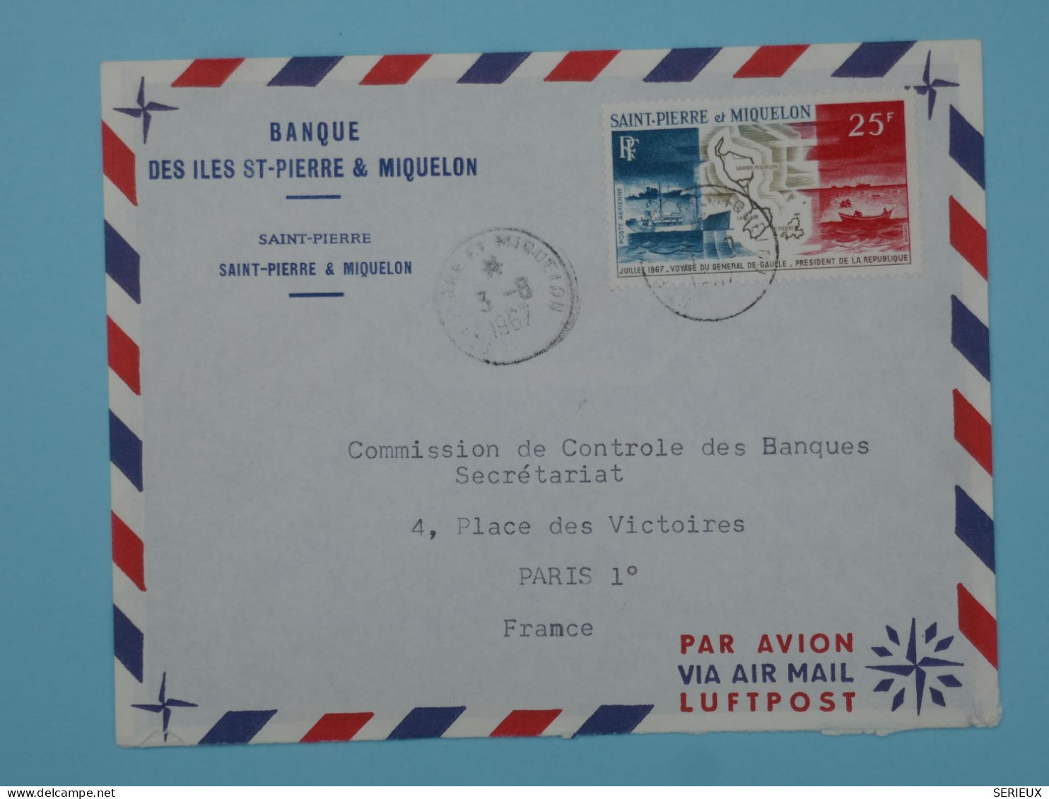 BT15  ST PIERRE & MIQUELON  BELLE LETTRE  1967 BANQUE  PAR AVION A PARIS  FRANCE ++AFF. PLAISANT +++ - Briefe U. Dokumente