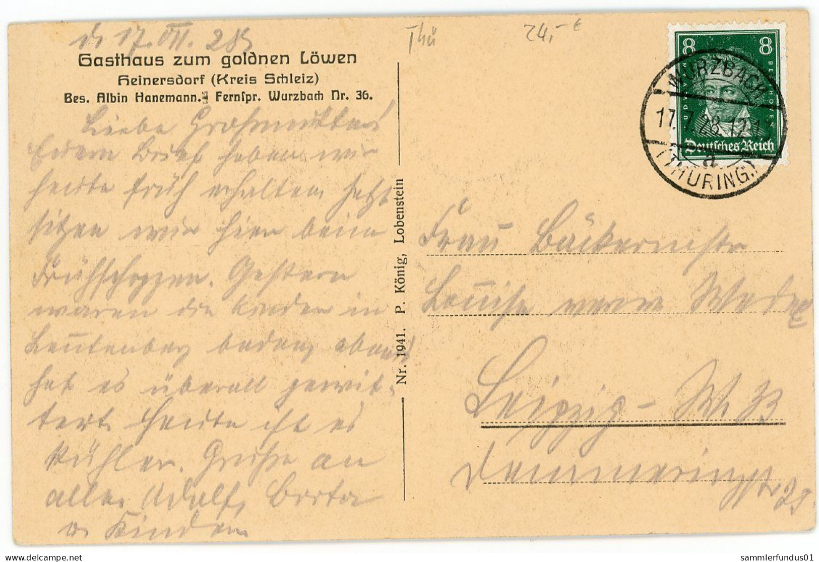 AK/CP Heinersdorf  Gasthaus Zum Goldenen Löwen   Schleiz    Gel/circ. 1928  Erhaltung/Cond. 1-  Nr.1682 - Schleiz