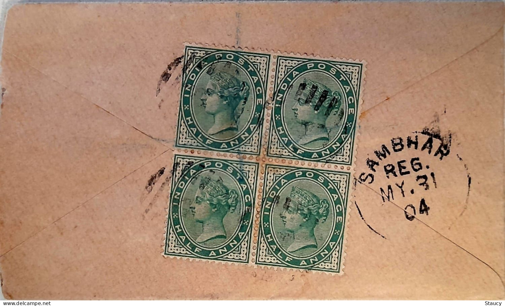 BRITISH INDIA 1904 QV Block Of 4 X 1/2a FRANKING On 1/2a QV Stationery "Jaypore State" REGISTERED COVER, NICE CAN ON F&B - Jaipur