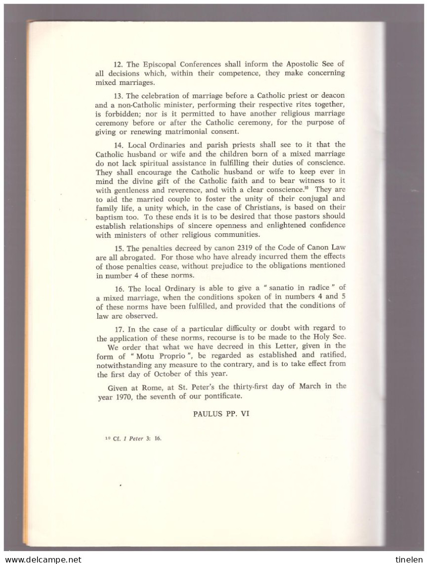 Vaticano - 1970 Lettera apostolica motu proprio di Paolo VI che determina le norme per i matrimoni misti