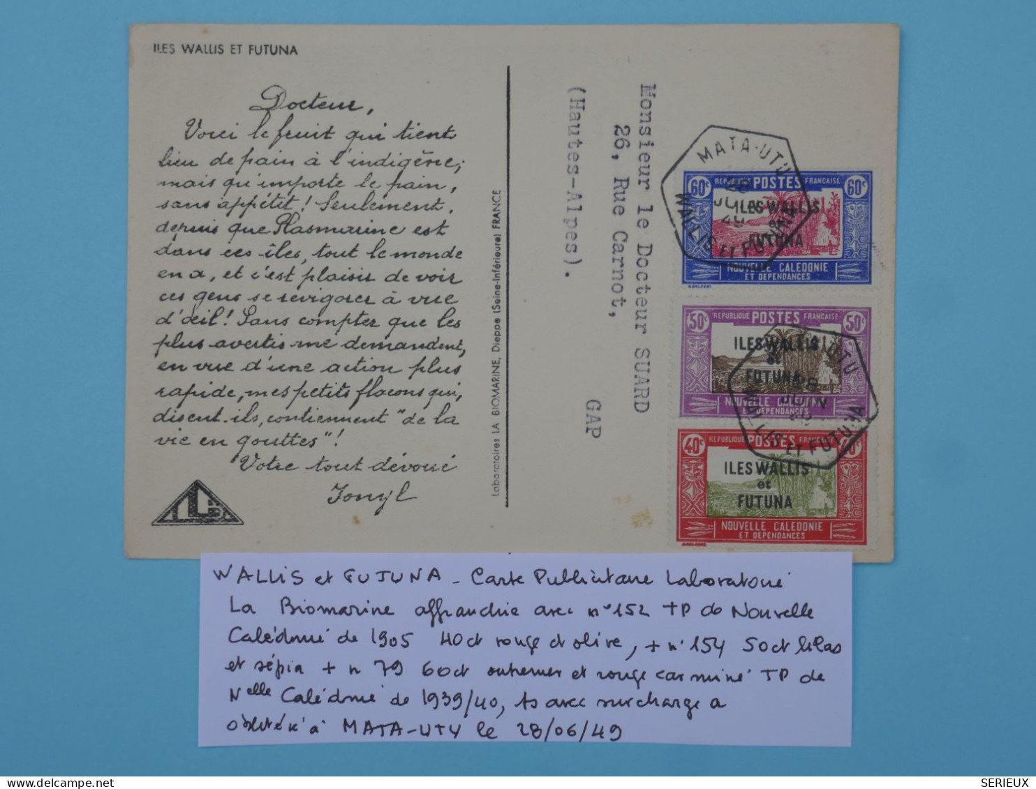 BT15 WALLIS ET FUTUNA  BELLE  CARTE  1949  SURCHARGE HEXAGONAL MATA UTU  A GAP   ++AFF. PLAISANT +++ - Cartas & Documentos