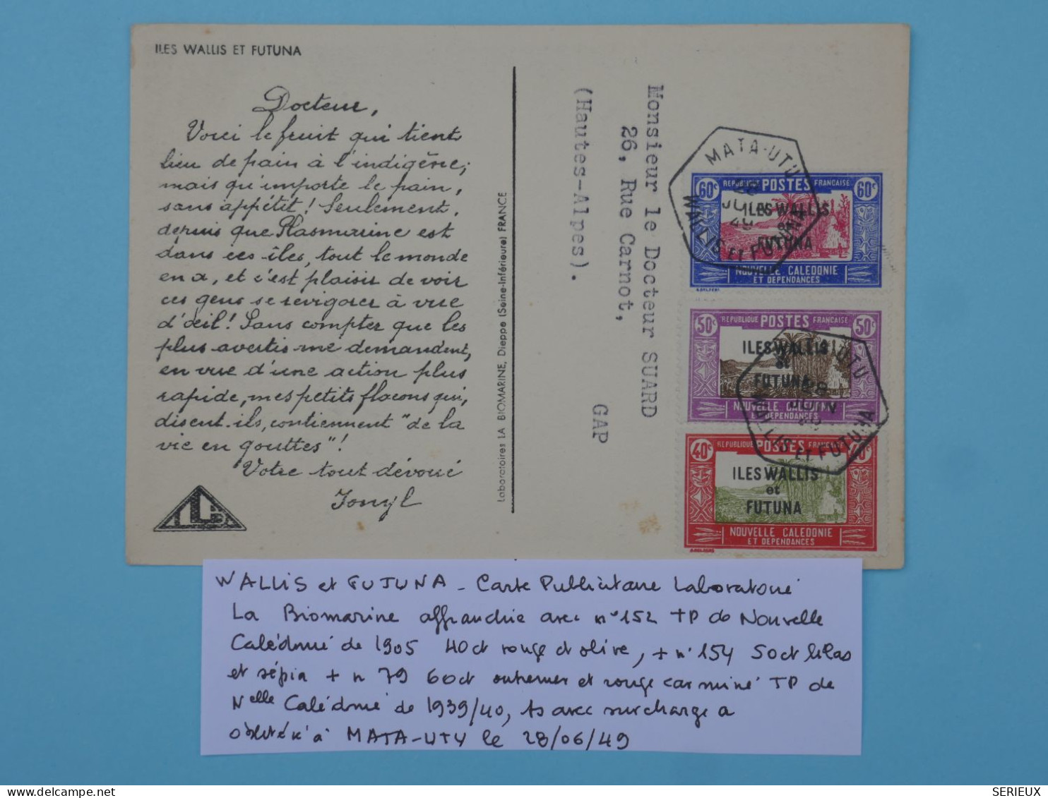 BT15 WALLIS ET FUTUNA  BELLE  CARTE  1949  SURCHARGE HEXAGONAL MATA UTU  A GAP   ++AFF. PLAISANT +++ - Lettres & Documents