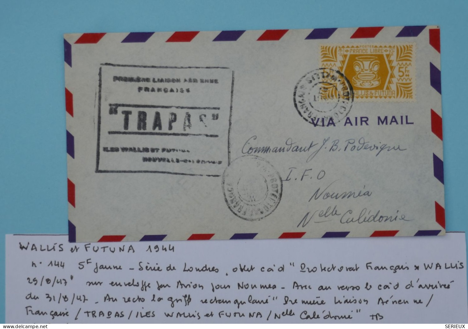 BT15 WALLIS ET FUTUNA  BELLE  CARTE  1947  1ER VOL TRAPAS  A NOUMEA CALEDONIE  ++AFF. PLAISANT +++ - Covers & Documents