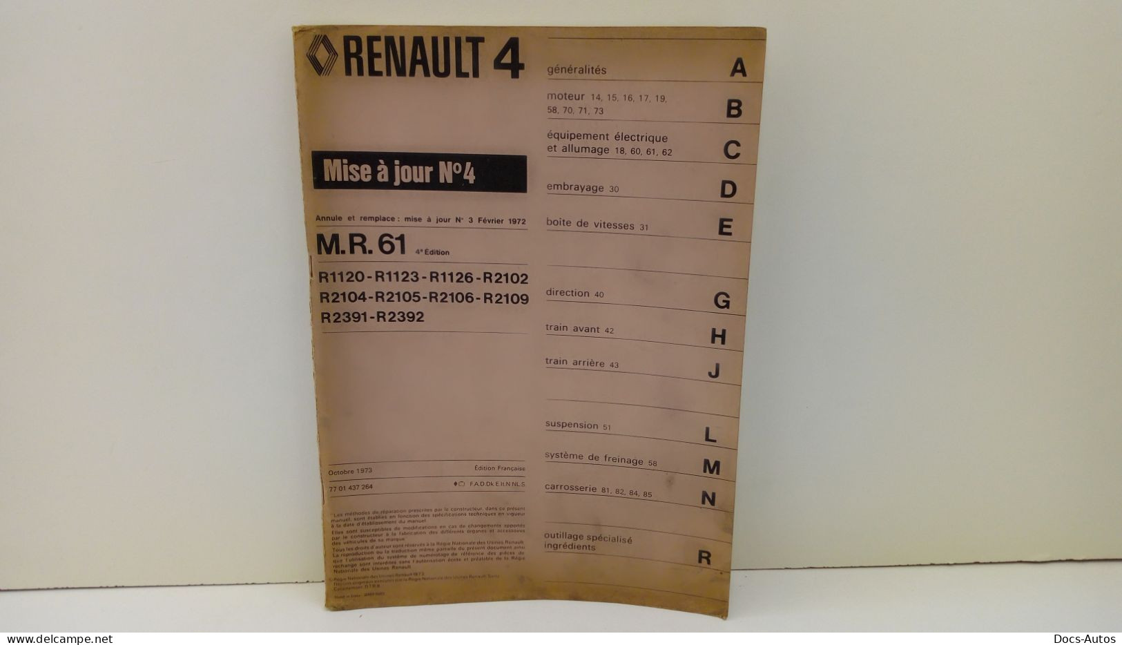 Manuel De Reparation M.R 61 Mise à Jour Octobre 73 Renault 4 - Auto