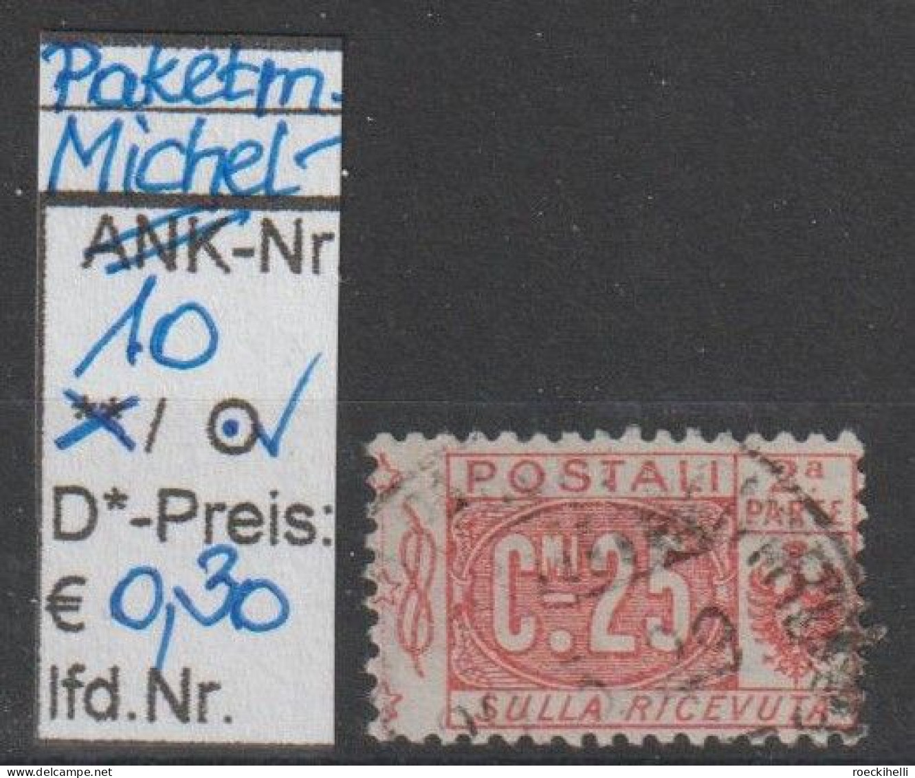 1914 - ITALIEN - Paketmarken "Wappen U. Wertziffer" 25 C Rot - O Gestempelt - S.Scan (it 10o Paket) - Paketmarken